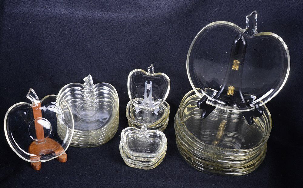 24pc Vintage HAZEL ATLAS Glass APPLE Shaped  LUNCH PLATES Saucers BUTTER PATS Hazel Atlas