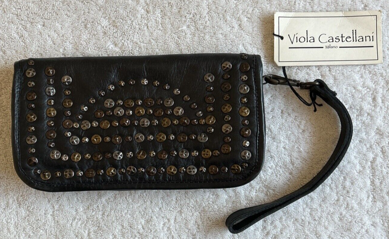 VIOLA CASTELLANI Made Florence Italy Black Leather Stud Zip Wallet Wristlet NERO Viola Castellani Studded - фотография #2