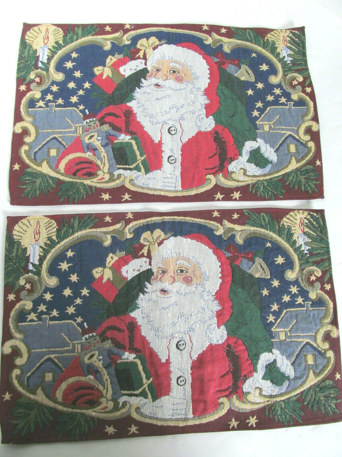 2 Christmas Tapestry Table Placemats Santa Claus W/ Toy Bag Holiday Canvas O Unbranded - фотография #2