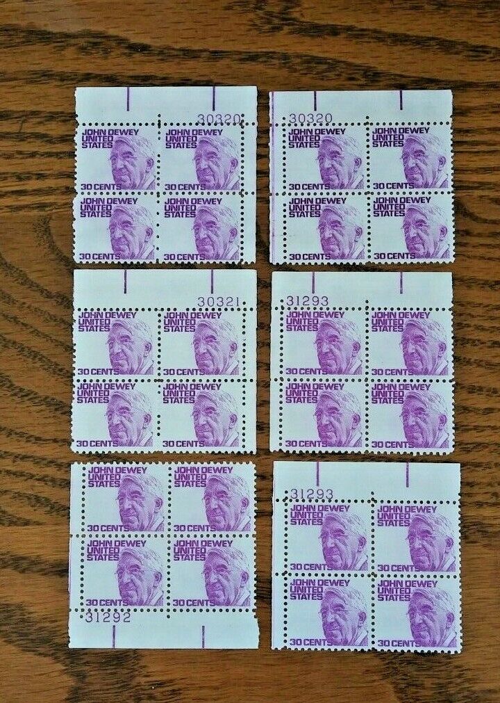 John Dewey, Education, 30¢ stamp, 6 Plate blocks, Scott# 1291 MNH  Без бренда