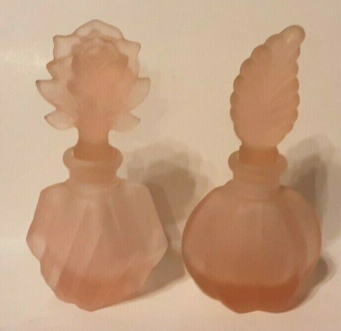 Vintage 2 Pink Satin Frosted Glass PERFUME BOTTLES Feather & Rose Unknown