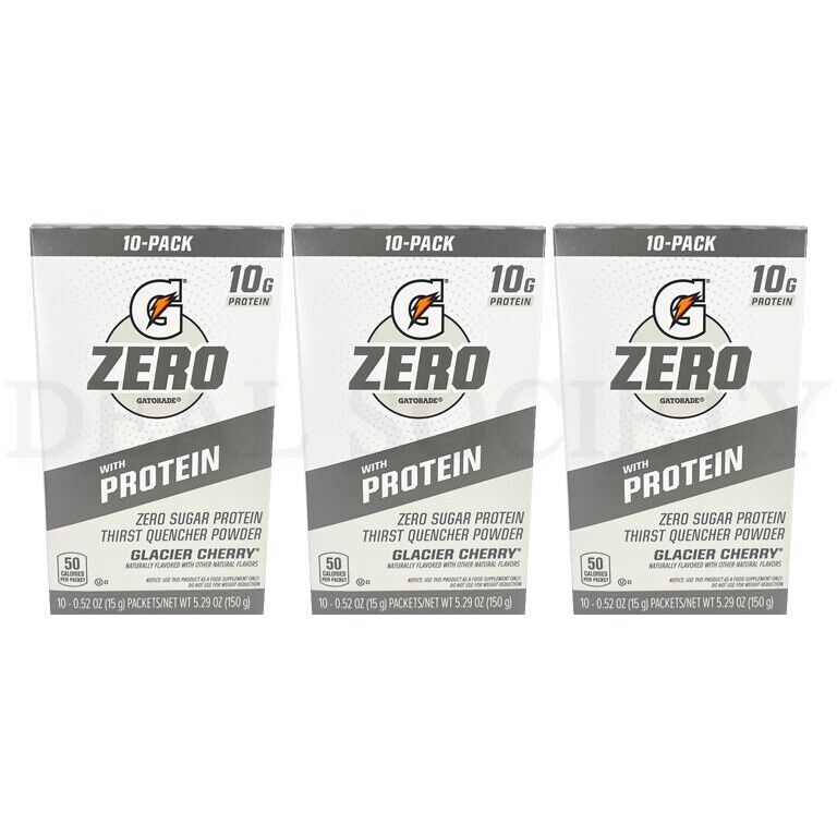 Lot of 3 - Gatorade Zero with Protein Powder - Glacier Cherry Flavor 30 Packets Gatorade