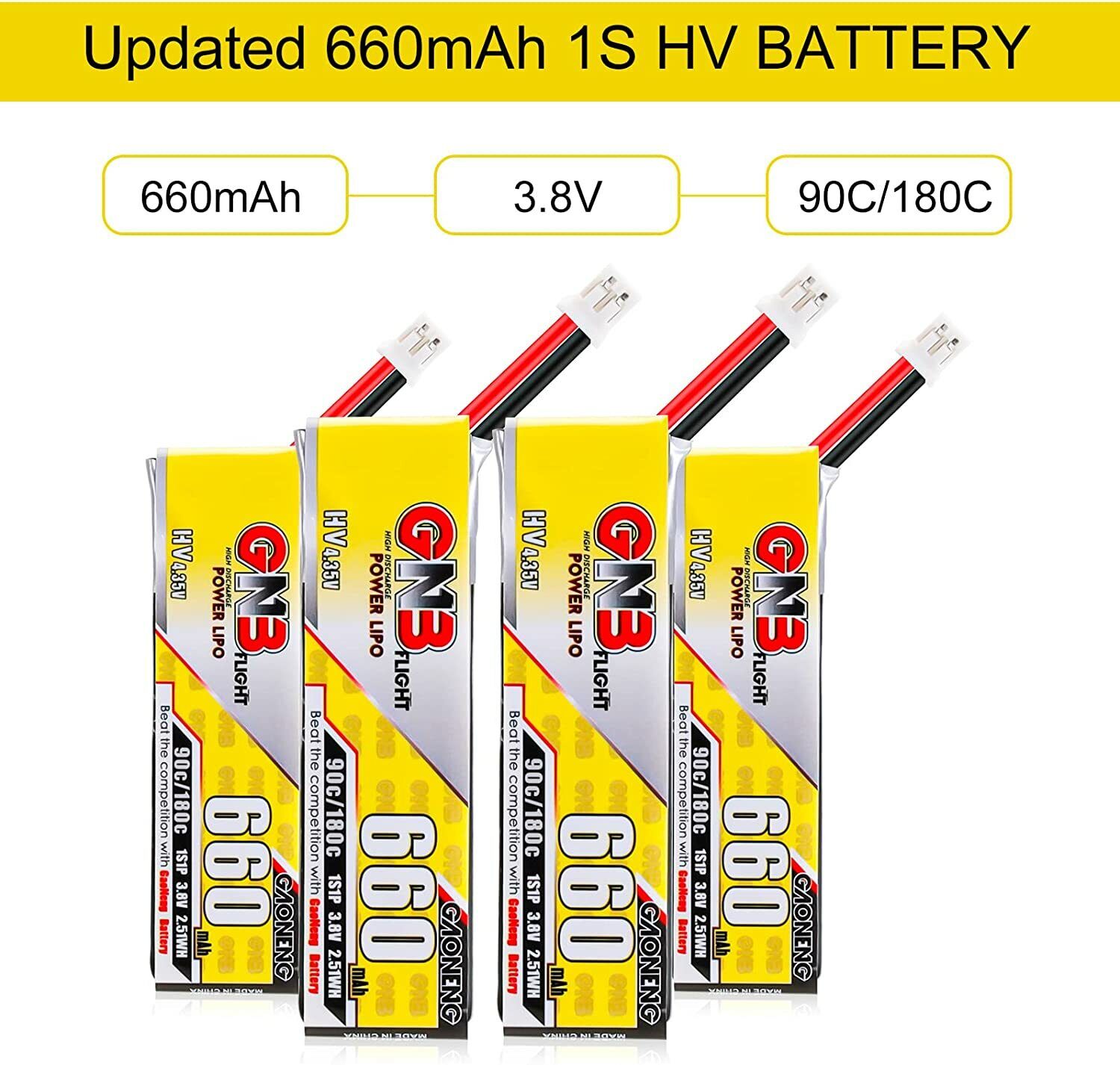 4PCS 660mAh 1S LiPo Battery 3.8V/4.35V LiHV Battery 90C/180C JST-PH2.0 plug USA FPVERA Does Not Apply