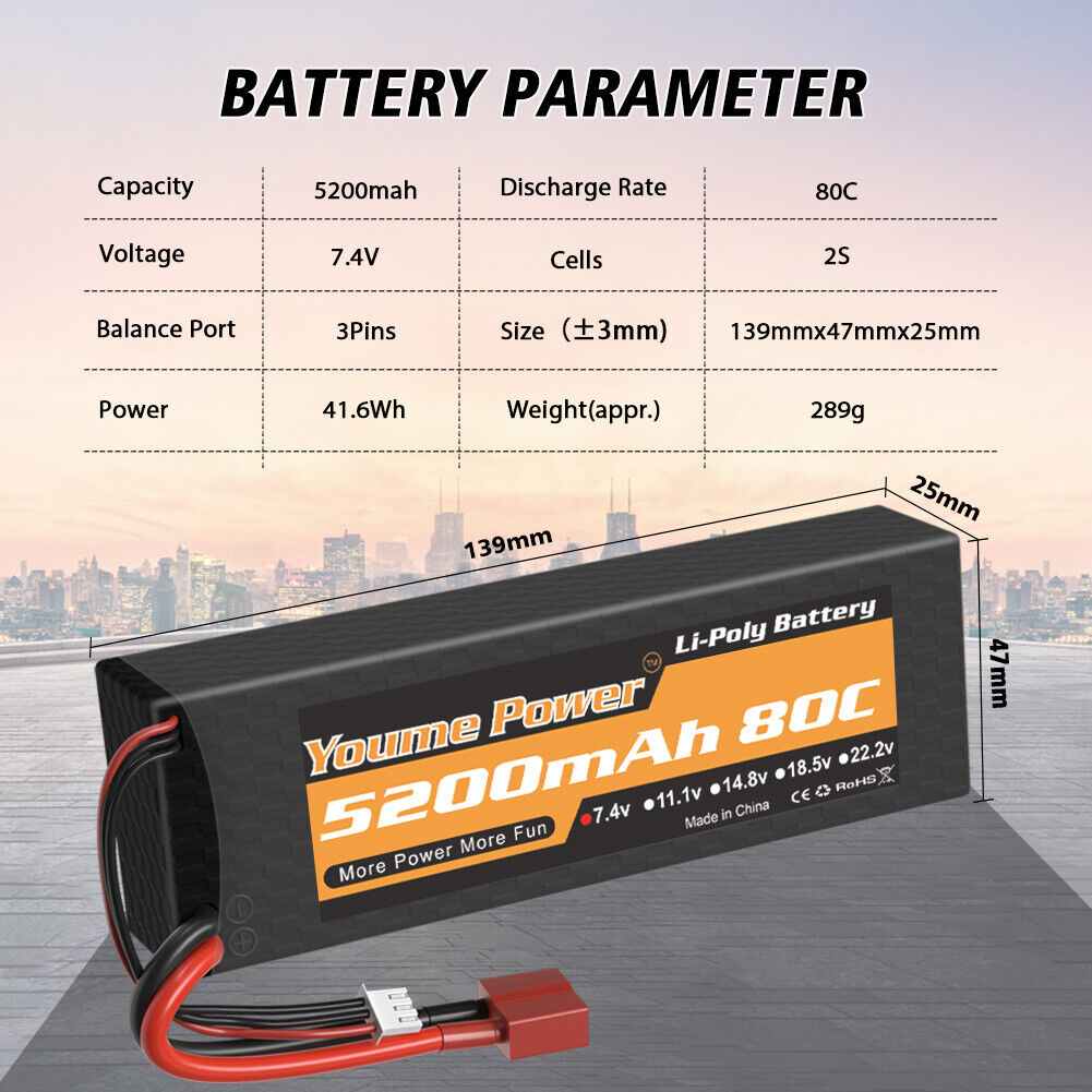 2pcs 2S 7.4V 5200mAh 80C LiPo Battery Deans Hardcase for RC Car Truck Buggy Boat Youme Does Not Apply - фотография #2