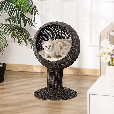 27" Rattan Wicker Elevated Cat House Kitty Scratch House Pet Bed W/ Cushion PawHut USD30-1060141