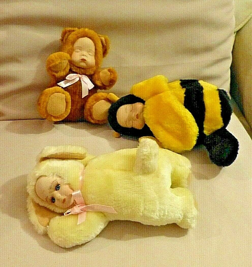 3 SMALL PORCELAIN FACED PLUSH TOY DOLLS - RABBIT, BEE & BEAR ONE PIECE OUTFITS UN BRANDED