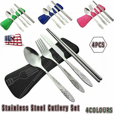 4 Pcs Cutlery Travel Knife Fork Portable Bag Stainless Steel Spoon Chopstick US Unbranded