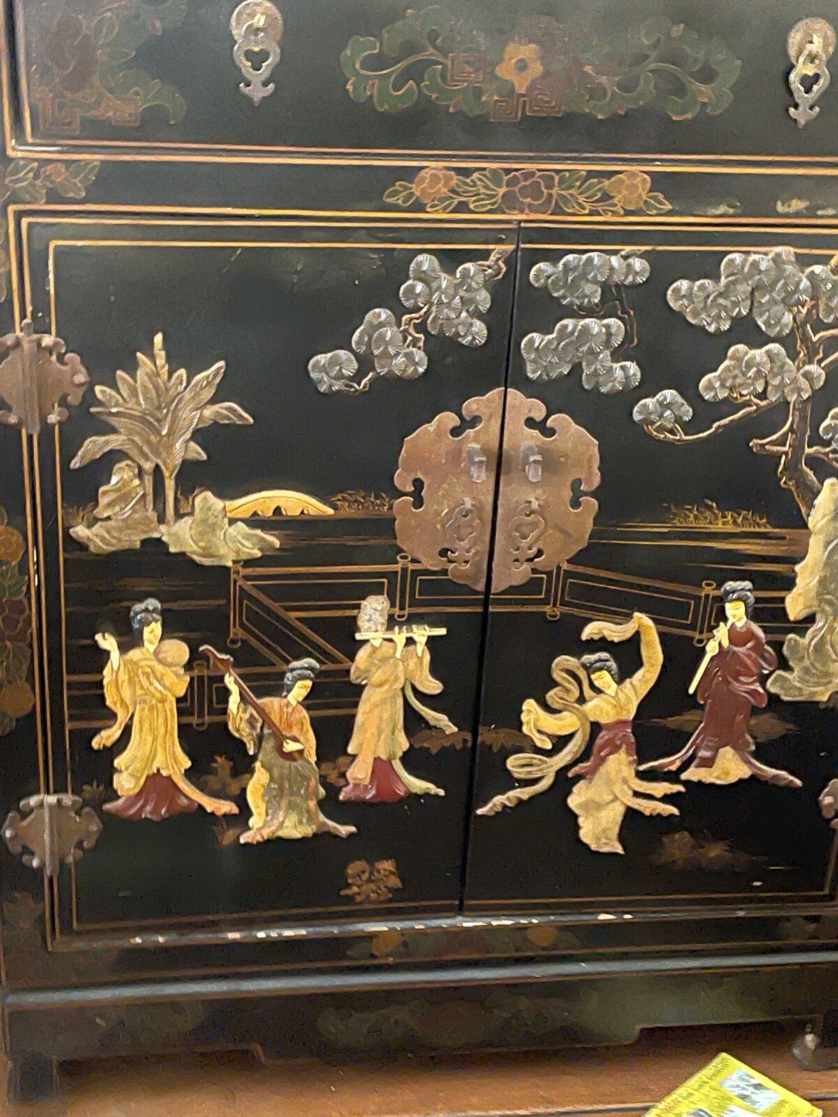 30" Antique 3D Oriental Chinese Furniture Black Lacquer Corner Cabinet Landscape Без бренда - фотография #2