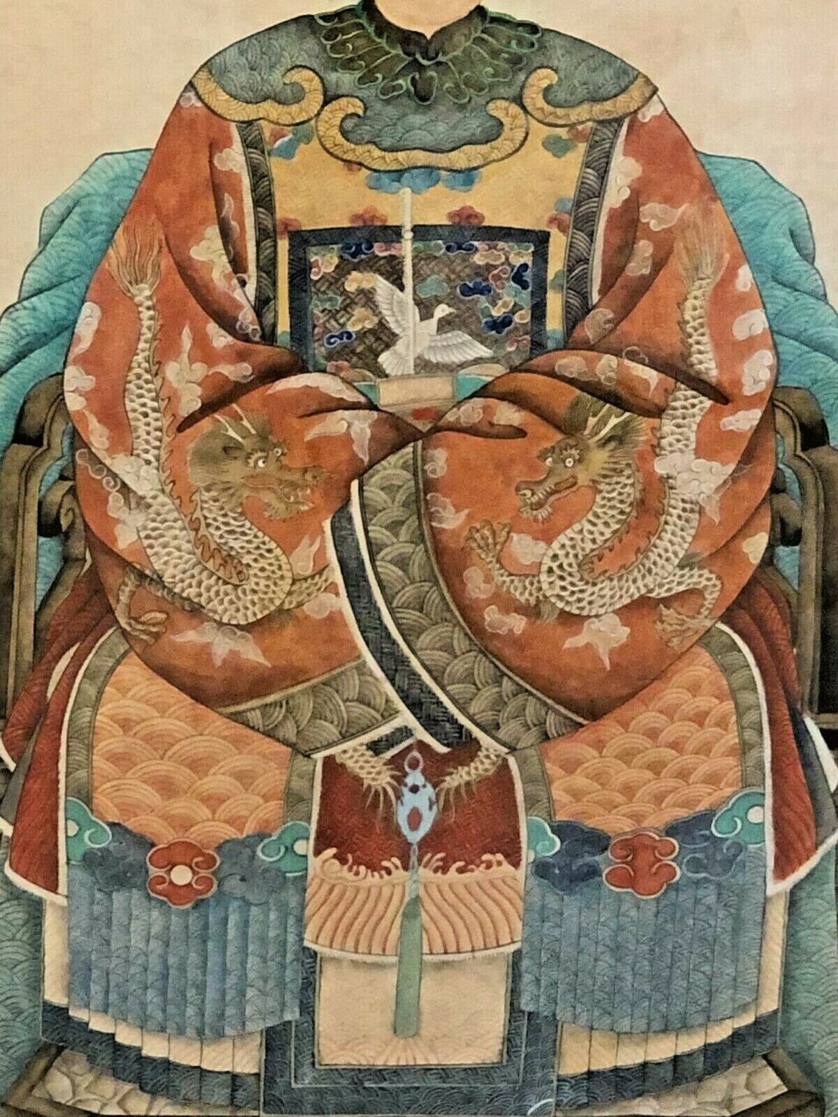Matched Pair Chinese Ancestor Portraits Large 48"x32" Qing Dynasty 4 Claw Dragon Без бренда - фотография #4