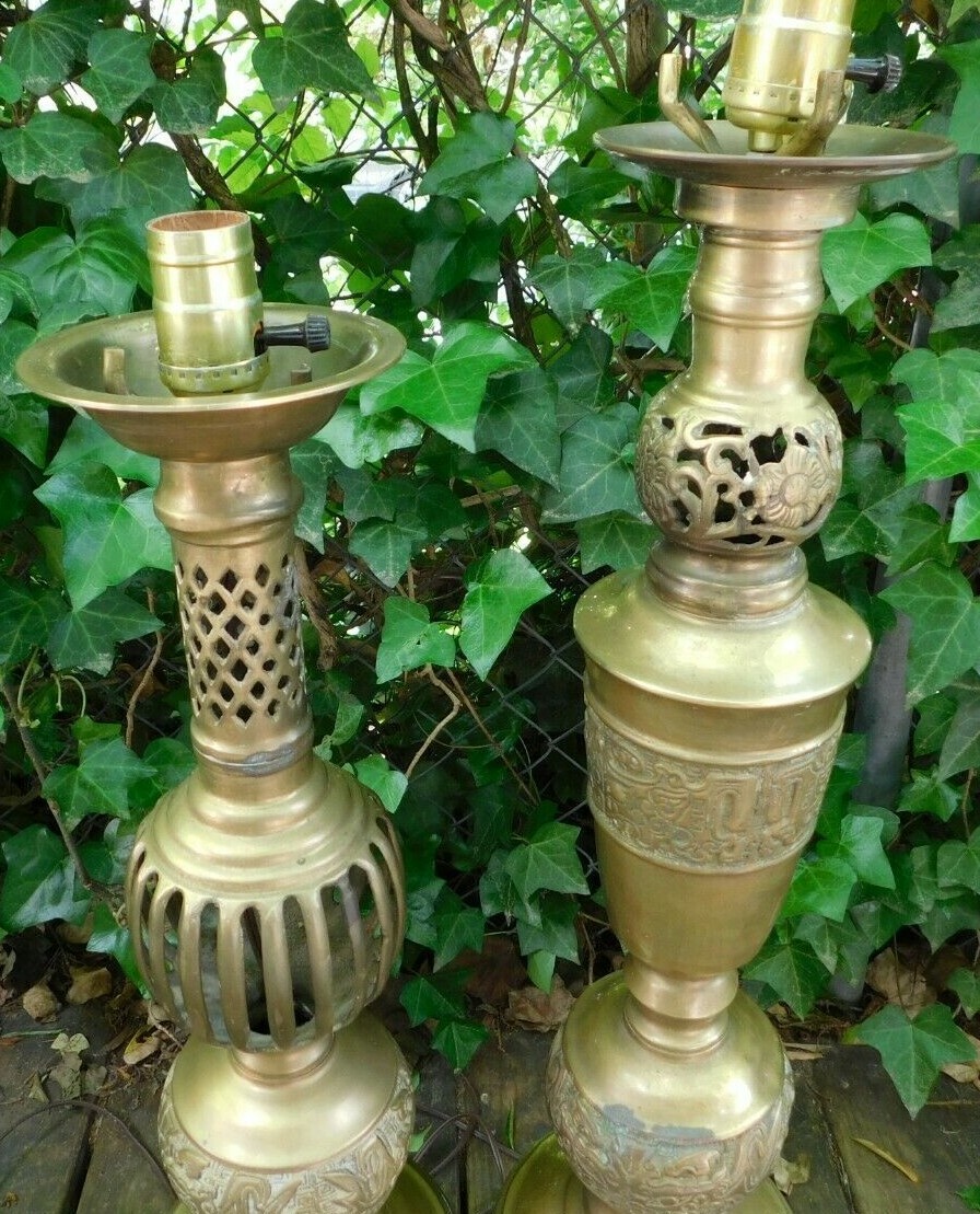 2 Large Mid Century Asian 27.5" & 30" ORNATE BRASS LAMPS James Mont style Unbranded Does Not Apply - фотография #10