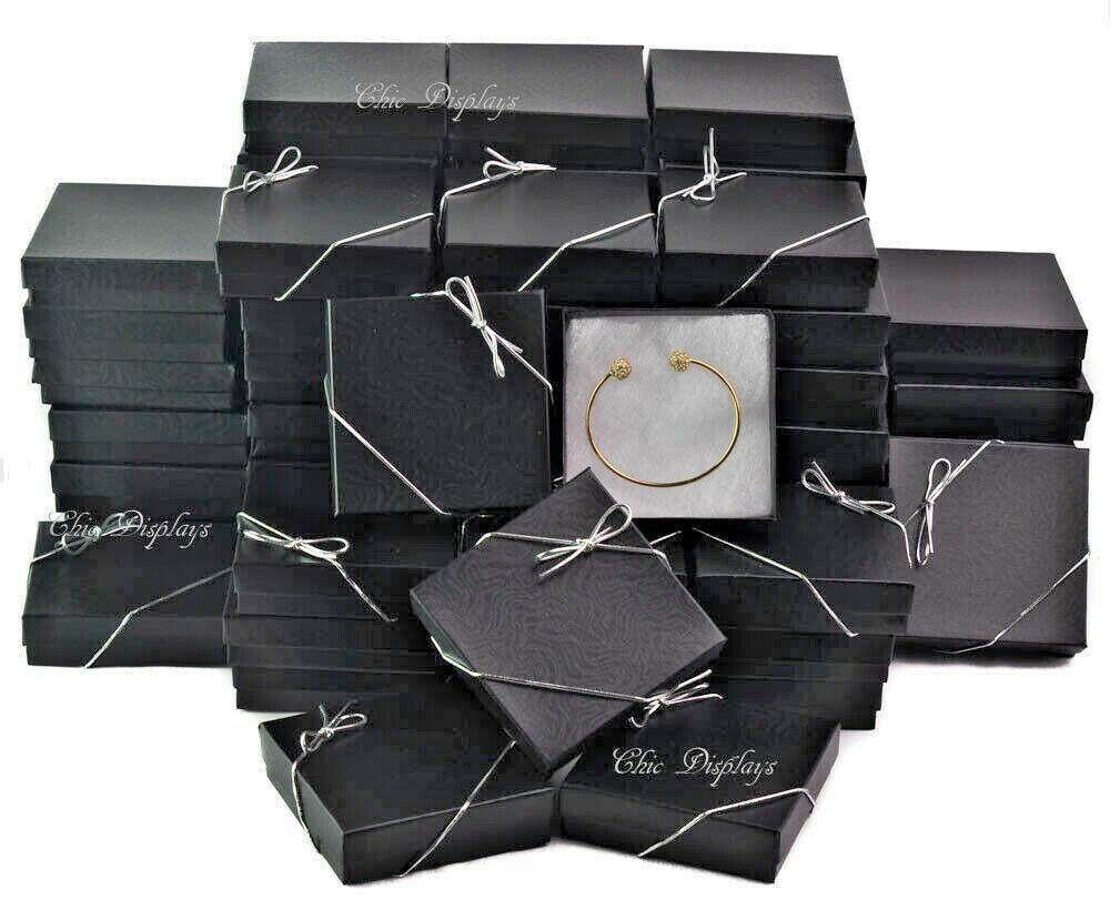 100pc Black Cotton Filled Jewelry Boxes Black Gift Boxes Bracelet Box +FREE Bows Unbranded
