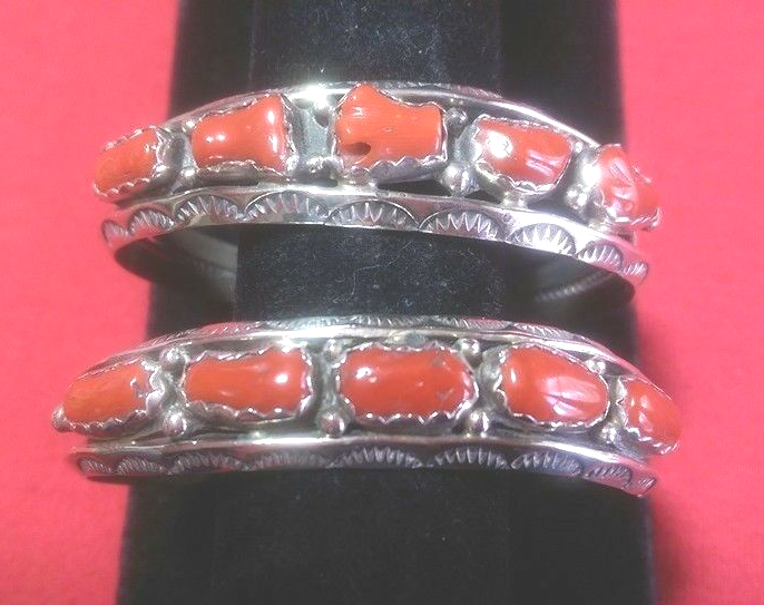 Navajo 5 Red Mediterranean Coral & Sterling Silver Bracelet Native American USA Без бренда - фотография #2
