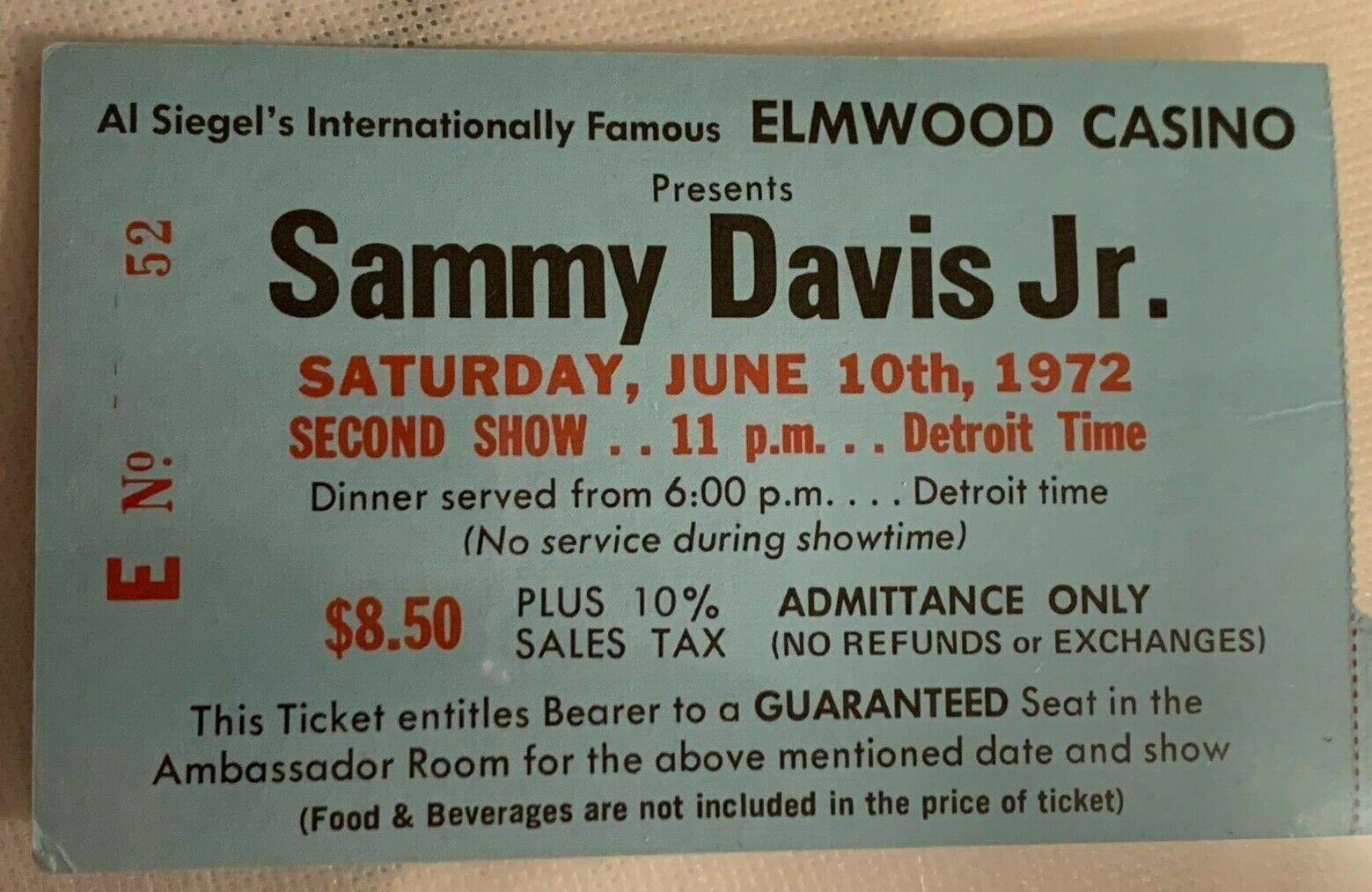 SAMMY DAVIS, JR TICKETS (2 USED )  AT THE ELMWOOD CASINO 1972 WINDSOR ONT CAN Без бренда - фотография #3