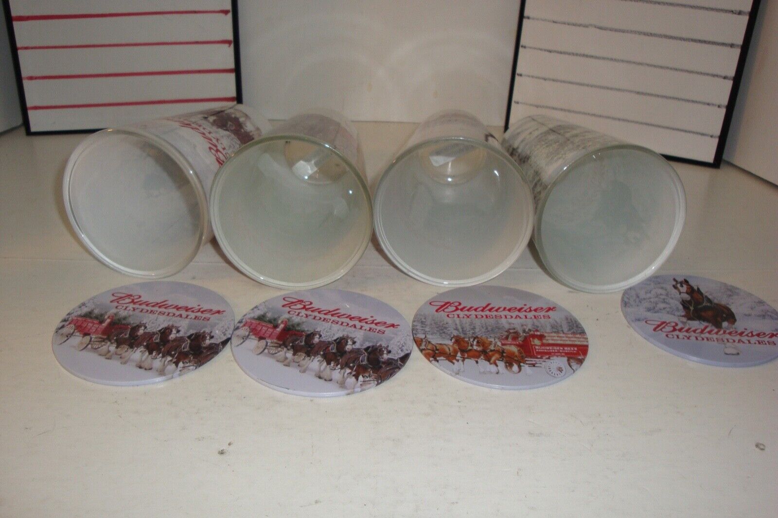 Vintage Budweiser Clydesdales pint beer glasses X 4 with Matching Coasters X 4 Budweiser - фотография #7