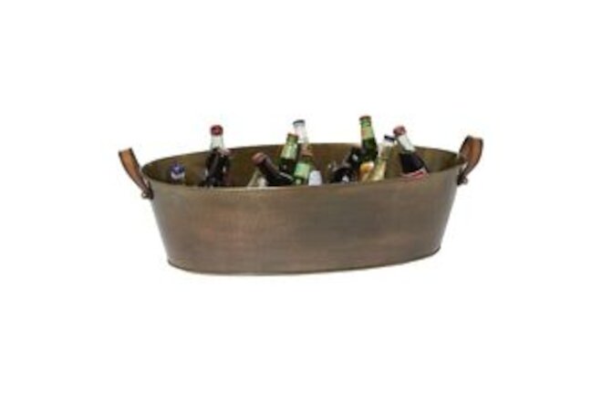 DecMode Oval Metal Long Bronze Ice Bucket with Leather Strap Handles