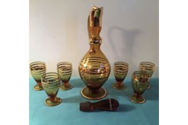 Vintage Amber Bohemian Cordial Decanter & 6 Glasses. Made In Romania See Pics