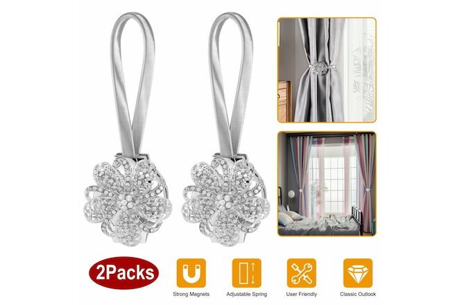 2 Packs Magnetic Curtain Tiebacks Extendable Floral Drape Holder Hangings Clip