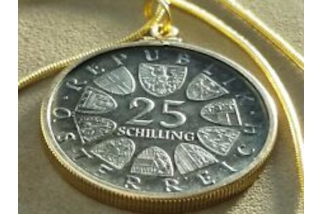 Rare 1965 Silver Austrian Shield coin Pendant on a 24" 18KGF  Snake Chain 32mm