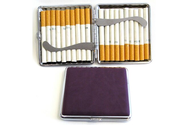 2pc Set Stainless Steel Cigarette Case Hold 20pc Regular Size 84s -PURPLE + BLUE