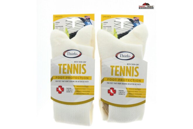 (2) Thorlo Padded Tennis Crew Socks White Large ~ New