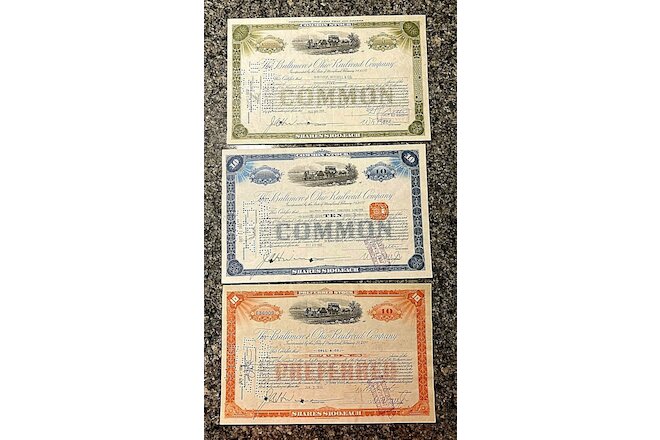 LOT OF 3 - Vintage The Baltimore and Ohio Railroad Company Stock Certificate