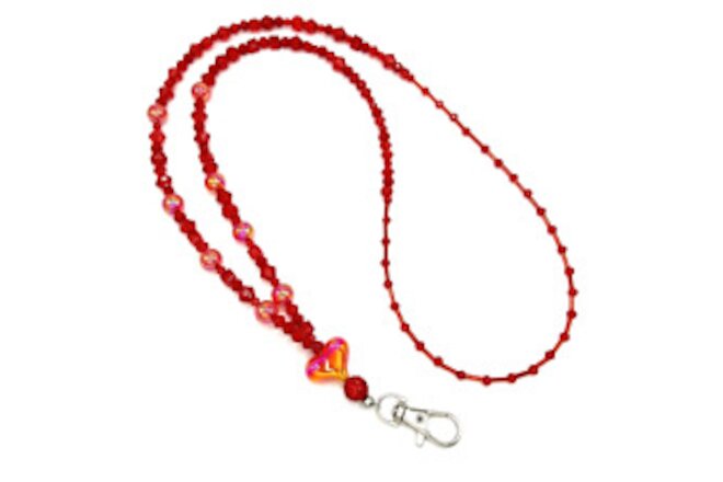ID Badge Beaded Lanyard: RED Heart, Rhinestones, Acrylic & Glass Beads 32" +3"