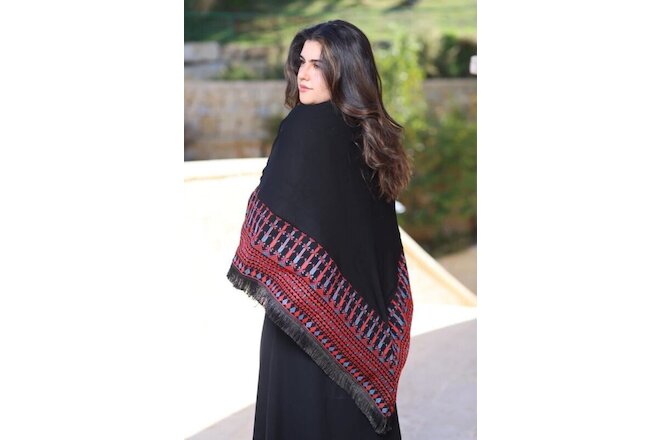 Elegant Black Embroidered Padded Shawl With Stylish Palestinian Red Embroidery
