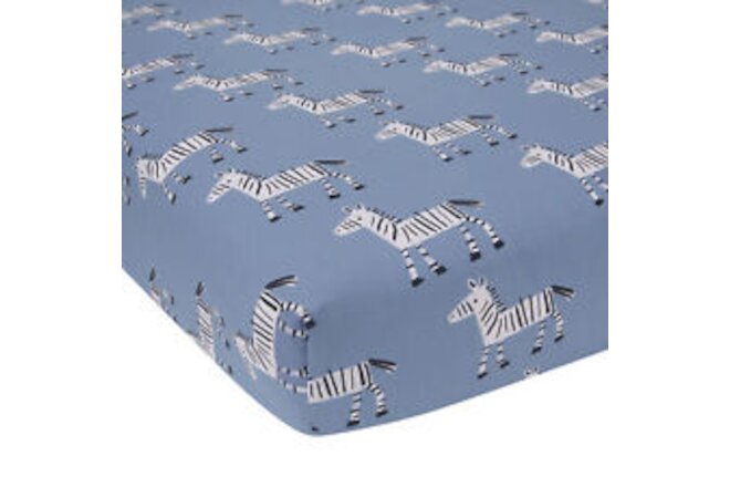 Lambs & Ivy Signature Zebra Blue Organic Cotton Breathable Fitted Crib Sheet