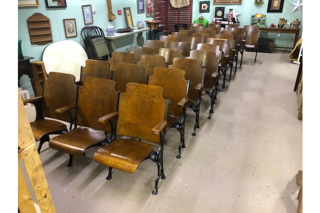 Vintage Church Theater Seats - Row of 3- Wood Wooden & Cast Iron