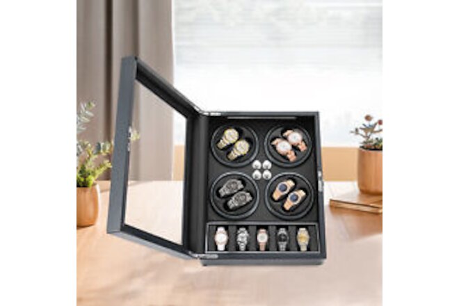 Automatic Rotation 8 Watch Winder Box w/5 Watches Display Storage Case LED Light