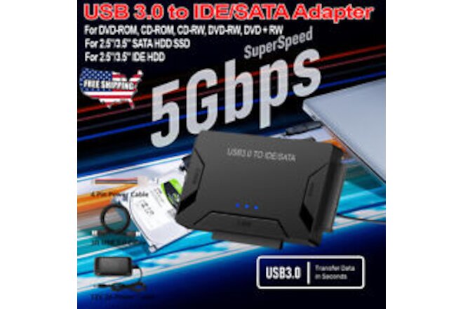 USB 3.0 to IDE SATA Converter Adapter, For 2.5" 3.5" IDE SATA SSD HDD Hard Drive