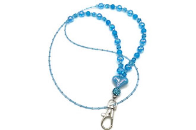 ID Badge Beaded Lanyard: AQUA BLUE- Rhinestones, Acrylic & Glass Beads 32" +3"