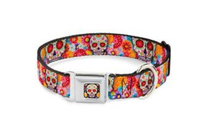 Dog Collar Seatbelt Buckle Sugar Skull Starburst White Multi Color 9 to 15 In...