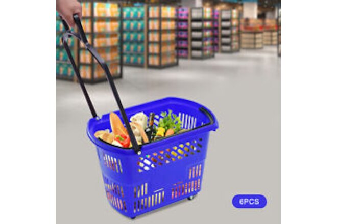 6x Shopping Carts Blue with Wheels and Handle Plastic Rolling Shopping Basket US