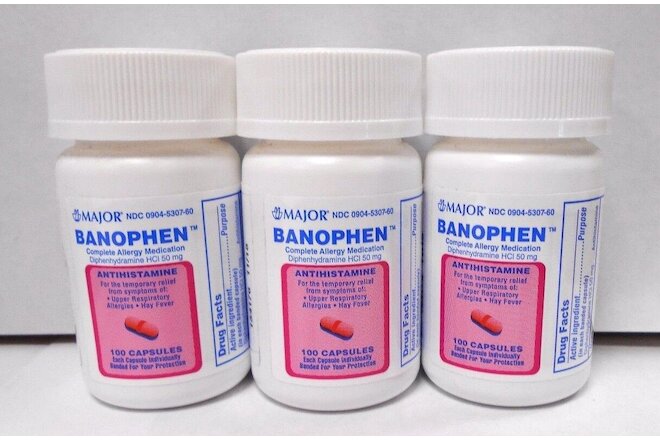Major Banophen Diphenhydramine 50mg Antihistamine 100ct -3 Pack Exp 04-2025