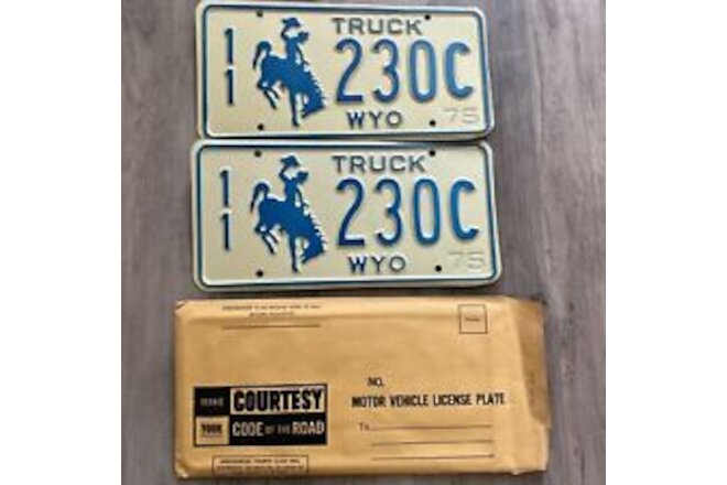 1975 NOS Wyoming TRUCK Cowboy & Horse License Plate Plates PAIR / SET #230C