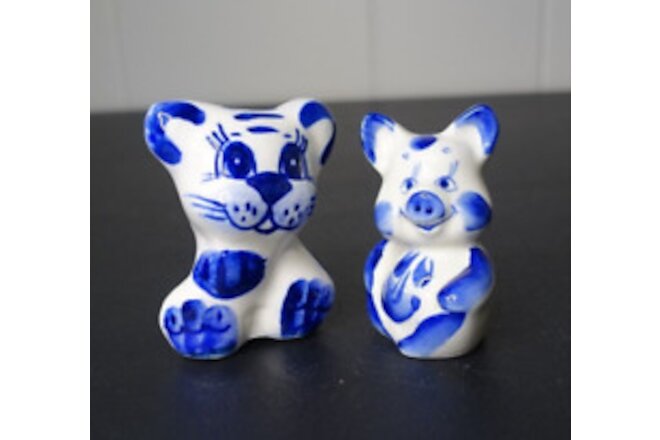 Gzhel Tiger & Piggy Pig 2 Hand Painted Blue Cobalt White Porcelain Figurine Lot