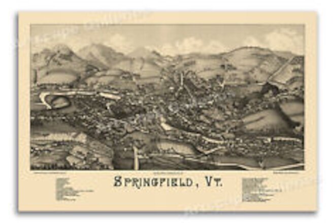 Bird's Eye View 1886 Springfield Vermont Vintage Style City Map - 16x24