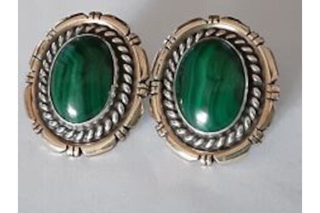 Malachite Sterling & 12K GF Hand Made Oval Earrings BEAUTIFUL Craftsmanship