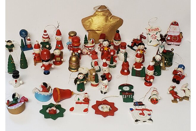 Vintage Lot of 45 Wooden Mini Christmas Tree Ornaments Hand Painted and Star
