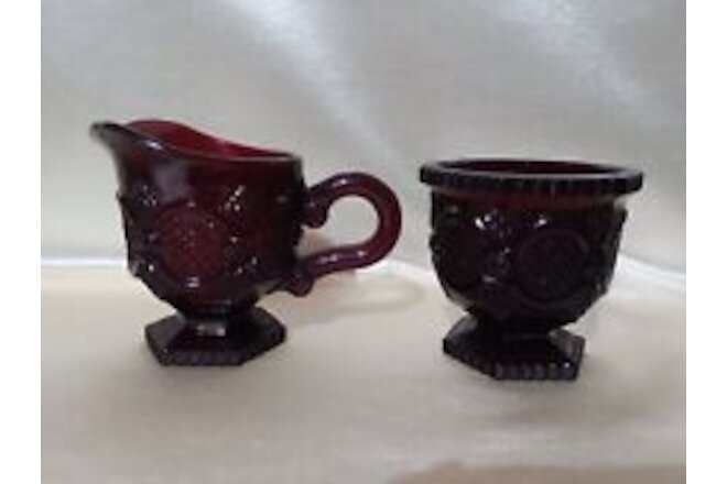 Avon 1876 Ruby Red Cape Cod Collection Glass 1876 Sugar Bowl and Creamer 3.75"H