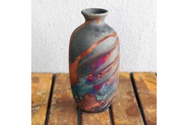 Koban 7 inch Raku Ceramic Pottery Vase - Carbon Half Copper Matte Raku Potter...