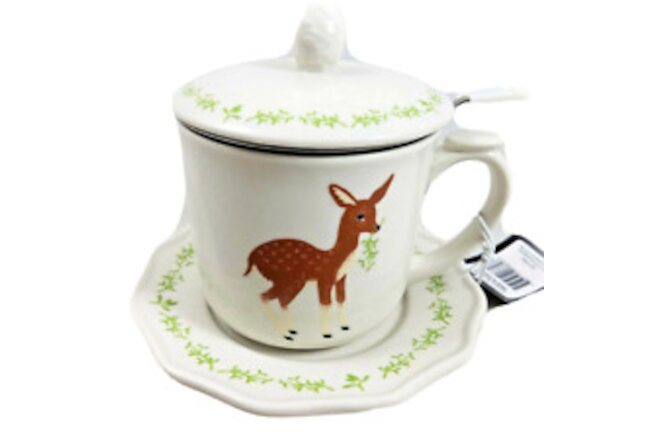 Doe Deer Tea Cup Saucer Lid and Strainer Woodland Christmas New So Cute