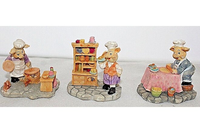 Vintage 3 x Polyresin Pig Chef, Hand Painted Ornaments