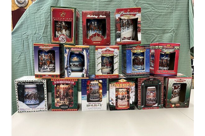 Budweiser Holiday Stein Collection - Lot of 14 Steins Years 1993 to 2006