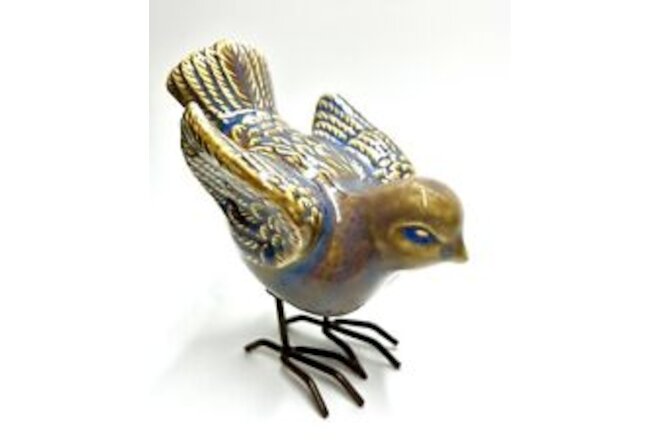Ceramic Bird Figurine Glossy Finish Metal Legs 5 Inches Tall Decoration Rustic