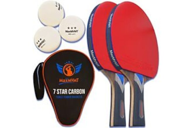 Ping Pong Paddle Set of 2 - Carbon Fiber 7 Ply Rackets - 2 Wristbands - 3 Bal...