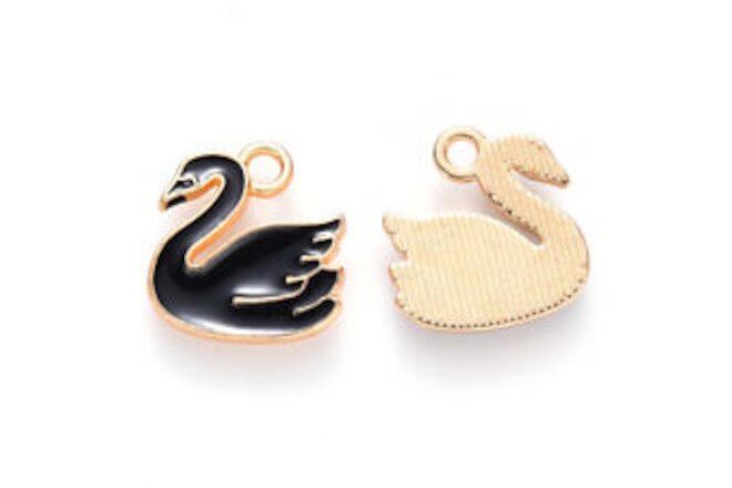 Black Swan Charms Gold Enamel Duck Pendants Jewelry Making Supplies 14mm 2pcs