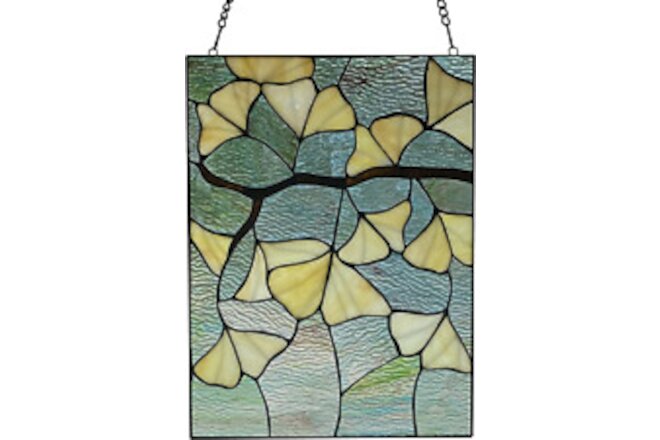 Ginkgo Leaf Stained Glass Window Hanging - 17.5 H Rectangular - Suncatcher - Mu