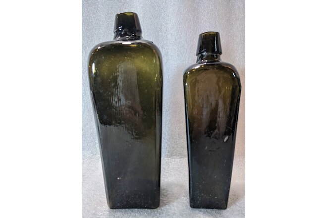 PAIR of Antique 19th c. Olive Glass Case Gin Bottles with Applied Lip, 2 sizes